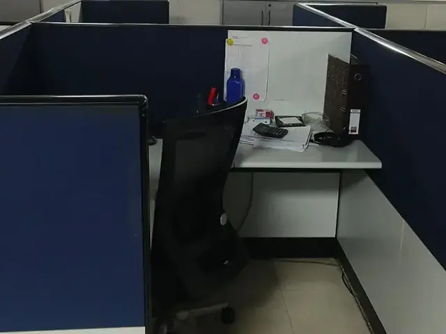 Rows of office workstations